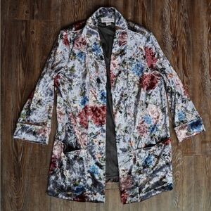 Coldwater Creek Shiny Artsy Floral Soft Velvet Open Front Cardigan Boho XS